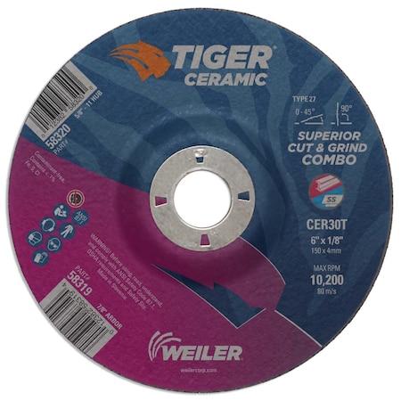 Weiler 6 x 1/8 TIGER CERAMIC Type 27 Cut/Grind Combo Wheel CER30T 7/8 A.H. 58319